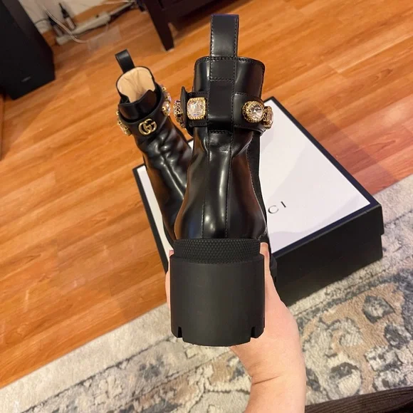 Gucci Women's Black Ankle Boots with Gold Accents - Picture 12 of 16